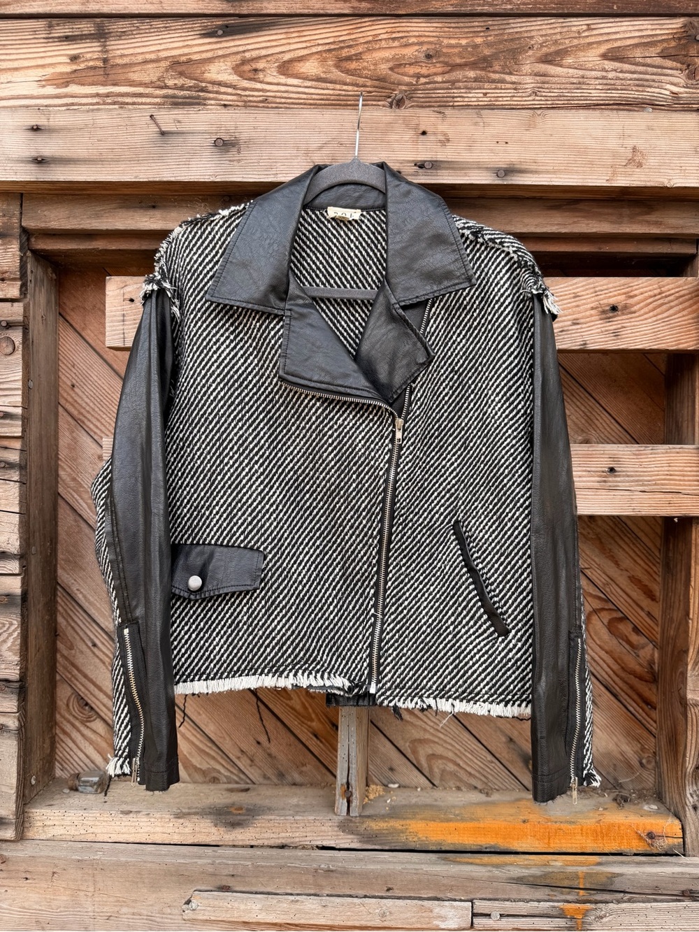 POL Black & White Tweed Leather-Sleeve Moto Jacket